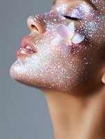 Young Asian woman's face covered in iridescent glitter and sparkles with delicate orchid flower on cheek, eyes closed in serene expression against gray background.