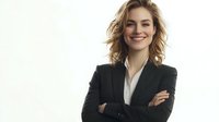 Confident young Caucasian businesswoman with wavy blonde hair wearing black suit and white shirt, arms crossed, smiling against white background.