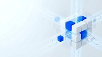 Isometric abstract composition with blue and white geometric cubes arranged in three-dimensional space, featuring interconnected wireframe elements and digital grid lines for technology and innovation concepts.