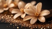 Delicate beige flowers with water drops on dark background surrounded by golden glitter sparkles, creating romantic and luxurious mood for spa designs.