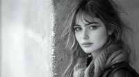 Young Caucasian woman with bangs and flowing hair in cozy knit scarf gazing thoughtfully against textured wall, dramatic black and white portrait capturing natural beauty and emotion.