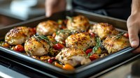 Juicy roasted chicken thighs with herbs, garlic, and colorful vegetables on dark baking sheet, close up view of homemade dinner preparation.