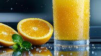 Fresh orange juice with water drops and mint leaves next to sliced citrus fruits on dark background, refreshing cold beverage with bubbles and ice.