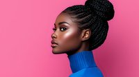 Young African American woman with braided hair bun wearing blue turtleneck sweater in profile view against pink background, showcasing natural beauty and elegant hairstyle.