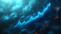 Glowing blue financial chart arrow rises through dramatic stormy clouds against dark sky, symbolizing growth, success and market recovery in business concept.