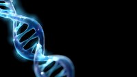 Glowing blue DNA helix strand on black background with genetic code structure and molecular biology visualization for science and medical research.