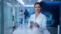 Female doctor using digital tablet with holographic interface in modern hospital corridor for medical technology and healthcare innovation.