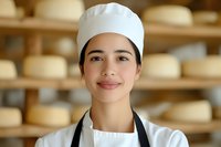 Young Hispanic female chef smiling at camera in cheese aging room wearing white chef uniform and hat. Professional culinary portrait with artisanal cheese wheels background.