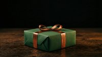 Green wrapped gift box with copper ribbon bow on wooden surface against dark background, suitable for holiday marketing, seasonal promotions, and festive design projects.