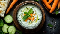 Fresh tzatziki sauce in wooden bowl garnished with mint leaves, cucumber slices and carrots on dark background, traditional Greek appetizer.
