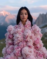 Young Asian woman wearing pink peony dress against mountain landscape at sunset, soft dreamy atmosphere with dramatic clouds and peaks in background.