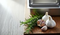 Fresh garlic bulbs and rosemary herbs on wooden cutting board in modern kitchen setting for culinary cooking and food preparation concepts.
