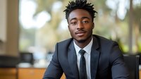 Young African American businessman in black suit and tie smiling confidently at camera, professional corporate portrait with soft bokeh background in modern office setting.