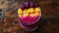 Vibrant layered smoothie bowl with dragon fruit, mango, papaya and fresh raspberries on wooden background, healthy breakfast drink rich in vitamins and antioxidants.