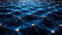 Glowing network connections with orange nodes on dark background forming digital landscape. Abstract technology visualization with blue light trails.