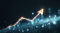 Glowing financial chart with upward trending arrow on dark background, sparkles and bokeh effects create futuristic visualization of market growth and success.