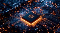 Glowing computer processor on circuit board with orange light effects and digital pathways, modern technology concept for computing and artificial intelligence.