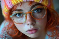 Young redhead woman with freckles wearing colorful knitted hat and orange glasses looking directly at camera with striking blue eyes and natural makeup.