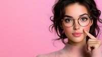 Young woman with glasses and curly dark hair wearing beige turtleneck sweater poses thoughtfully against pink background, touching face in contemplative gesture.