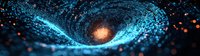 Glowing spiral vortex with luminous particles in dark space creates futuristic tunnel effect, orange light source at center radiates through blue digital waves.