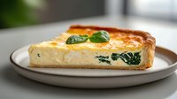 Slice of spinach and cheese quiche with golden crust on white plate, savory pastry with creamy egg custard filling and fresh green leafy vegetables.