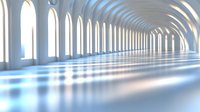 Modern white architectural corridor with arched ceiling and columns creating perspective tunnel effect with natural lighting and reflective floor.