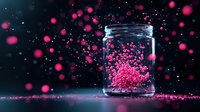 Magical glowing pink particles floating around glass jar on dark background with bokeh effect and sparkles, creating ethereal atmosphere for fantasy designs.