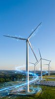Modern wind turbines with glowing digital energy flow visualization on rural landscape, representing renewable power generation, sustainable technology, and clean energy infrastructure for environmental and industrial applications.