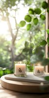 Glowing aromatic candles in glass holders with botanical design on round tray near window, soft natural sunlight through green leaves creates peaceful atmosphere.