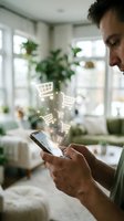 Young man using smartphone for online shopping with digital cart icons floating above device in modern home interior for mobile commerce and retail apps.