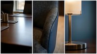 Modern office workspace with ergonomic chair and contemporary table lamp creating professional business environment for productivity and comfort.