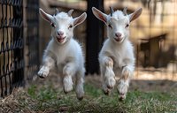 Two playful white baby goats jumping together in synchronized motion on farm, showing joyful expressions against natural barn background.