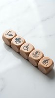 Wooden dice with accessibility symbols including wheelchair, hearing aid, and disability icons arranged on marble surface for inclusive design concepts.