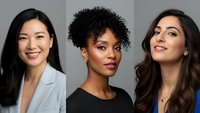 Three diverse professional women with different ethnicities and hairstyles posing confidently against neutral backgrounds for business portraits.