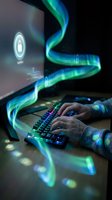 Hands typing on illuminated gaming keyboard with flowing neon light effects and holographic data streams for futuristic technology concepts.