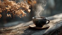 Steaming hot coffee cup on rustic wooden table with dried flowers creating cozy autumn morning atmosphere for cafe and lifestyle concepts.