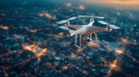Modern drone flying over illuminated city at dusk with bokeh light effects, aerial urban landscape view capturing cinematic atmosphere and technology concept.