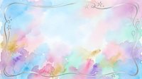 Soft pastel watercolor background with decorative swirl border frame in rainbow colors for wedding invitations and romantic design projects.
