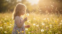 Young Caucasian girl in floral dress blowing dandelion seeds in sunny meadow, golden backlight, wildflowers, carefree childhood moment outdoors.