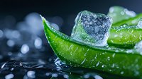 Fresh lime slice with melting ice cube on dark background with water drops and bokeh effect, macro photography for beverage and cocktail advertising.