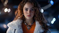 Young Caucasian woman with curly hair wearing orange sweater and white fur coat in urban nighttime setting with bokeh lights background.