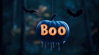 Glowing blue pumpkin with orange Boo text dripping mysterious liquid against dark forest background with flying bats, spooky Halloween decoration concept.