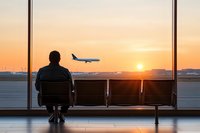 Silhouette of male traveler sitting alone at airport terminal window during golden sunset with airplane taking off, creating atmospheric travel scene.