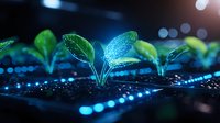 Young green sprouts growing from circuit board with glowing blue technology elements, representing sustainable technology and digital transformation in agriculture.