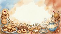 Watercolor illustration of vintage tea time scene with pastries, cookies, teapot, and clock surrounded by decorative botanical elements and warm autumn tones, suitable for bakery, cafe, and hospitality design projects.