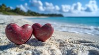 Two red wooden hearts on sandy tropical beach with turquoise ocean waves and blue sky with white clouds in background, romantic vacation concept.