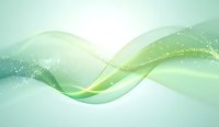 Flowing abstract waves in soft mint green and white with sparkling golden particles create gentle movement across light background for wellness and spa designs.