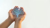 Hands holding glowing neural network brain with blue and purple light effects on white background, representing artificial intelligence, technology innovation, and digital transformation concepts.