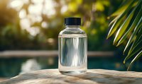 Clear water bottle on stone surface near pool with tropical palm leaves and sunlight creating natural bokeh effect. Fresh summer wellness concept.