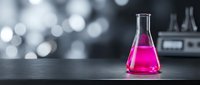 Laboratory flask with bright pink chemical solution on dark table in modern research facility with blurred equipment background for scientific studies.